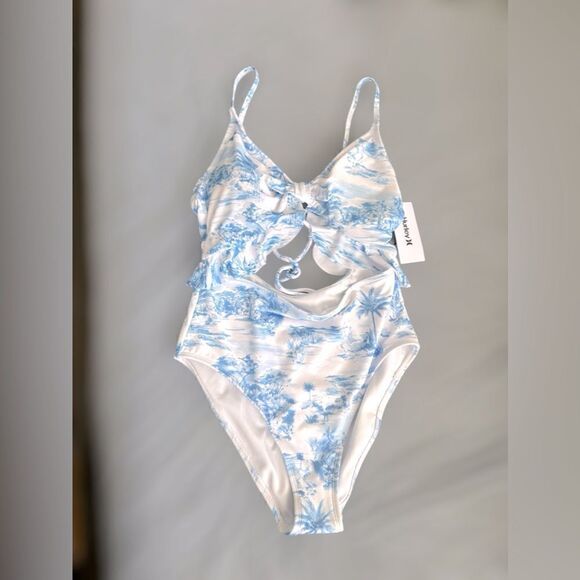 HURLEY Tropical Palm Tree Blue Cutout One Piece Swimsuit Size L - Picture 14 of 15